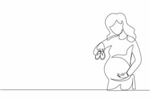 Single continuous line drawing small shoes for unborn baby in belly of pregnant woman. Pregnant woman holding small baby shoes relaxing at home in bedroom. Dynamic one line draw graphic design vector