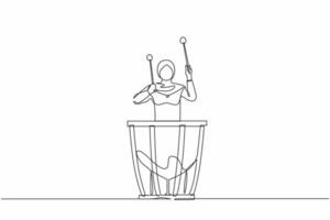Single continuous line drawing Arab female percussion player play on timpani. Woman performer holding stick and playing musical instrument. Musical instrument timpani. One line graphic design vector