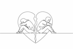 Single one line drawing couple of man and woman, sitting back to back, sad and angry on each other. Breaking up, relationship issues, broken heart, separating. Continuous line graphic design vector