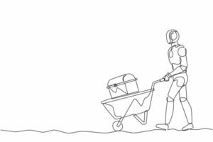 Single one line drawing robot walking and pushing trolley with chest treasure. Future technology development. Artificial intelligence and machine learning. Continuous line design vector illustration