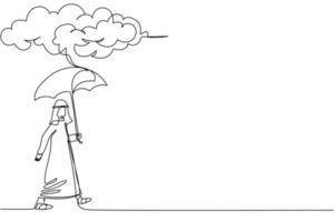 Single continuous line drawing Arabian businessman walking with umbrella under rain cloud. Depression, failed in business, passerby at rainy weather. One line draw graphic design vector illustration