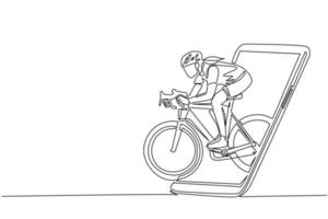 dibujo de una sola línea continua mujer corredora de bicicletas se enfoca en entrenar su velocidad en la sesión de entrenamiento saliendo de la pantalla del teléfono inteligente. Partidos deportivos móviles. vector de diseño gráfico de dibujo dinámico de una línea
