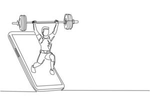 Single one line drawing bodybuilder man doing exercise with heavy weight bar getting out of smartphone screen. Online weight lifting mobile app. Continuous line draw design graphic vector illustration