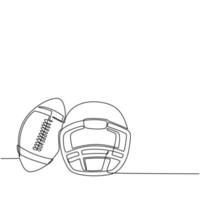 Single continuous line drawing American football helmet and ball isolated on white background. Athletic equipment, healthy lifestyle, fitness activity. One line draw graphic design vector illustration