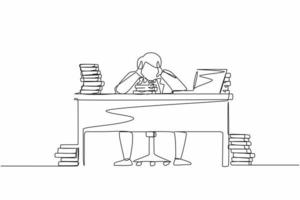 Single one line drawing stressed businessman throwing tantrum in office holding his hands to his head shouting while seated at desk surrounded by files. Continuous line draw design graphic vector