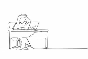 Continuous one line drawing male manager working on computer laptop. Arab businessman with question mark over head scratches back of his head sitting in front of laptop. Single line draw design vector