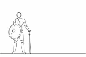 Continuous one line drawing robots stands holding big sword and shield. Humanoid robot cybernetic organism. Future robotics development concept. Single line draw design vector graphic illustration