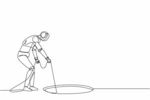 Continuous one line drawing robot stretch out rope into hole. Wondering, looking at hole. Humanoid robot cybernetic organism. Future robotic development. Single line draw design vector illustration