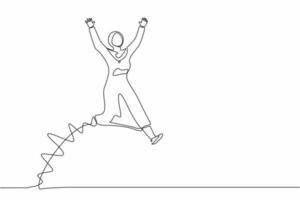 Single continuous line drawing happy Arab businesswoman jump with both hands raised. Saleswoman celebrates salary increase and benefits from company. One line draw graphic design vector illustration