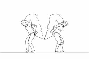 Single one line drawing broken heart carried by man and woman. Divorce heartache concept. Family conflict. Break up relationship. Married couple angry, sad. Continuous line draw design graphic vector