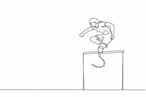 Single one line drawing amputated young female athlete jumping, running over hurdle. Disability games with hurdle race. Disabled sport concept. Continuous line draw design graphic vector illustration