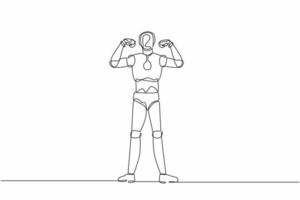 Continuous one line drawing robot with gestures two hand fist up. Strong humanoid robot cybernetic organism. Future robotic development concept. Single line draw design vector graphic illustration