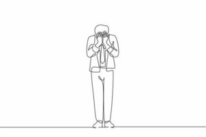 Continuous one line drawing businessman cover his face by hands and crying. Depression disorder, sad, sorrow, disappointment. Psychological therapy and treatment. Single line graphic design vector