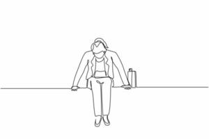 Single one line drawing sad businesswoman sits at bench alone. Woman suffering from depression, experience dismissal, gets into difficult life situation, despair. Continuous line design graphic vector