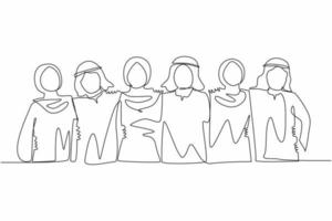 Single continuous line drawing friends forever. Hugging happy friendship with boys and girls standing together. Group of Arab friends, men and women good relationships. One line graphic design vector