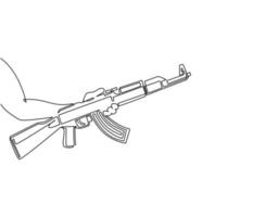 Single continuous line drawing hand holding AK 47 kalashnikov machine gun assault rifle. Weapon firearm terrorism concept. Military automatic rifle. One line draw graphic design vector illustration