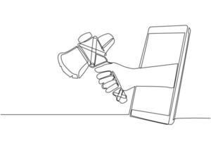 mano de dibujo de una sola línea continua sosteniendo hachas de piedra prehistóricas a través del teléfono móvil. concepto de juegos móviles, e-sport, aplicación de entretenimiento para smartphone. vector de diseño gráfico de dibujo de una línea