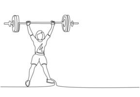 Single one line drawing young bodybuilder woman doing exercise with a heavy weight bar in gym. Powerlifter train weightlifting concept. Modern continuous line draw design graphic vector illustration