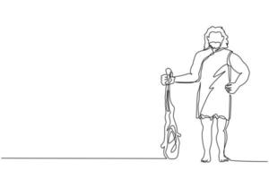 Single one line drawing caveman standing and holding big cudgel. Prehistoric bearded man dressed in animal pelt. Neanderthal hunter. Ancient homosapiens. Continuous line draw design graphic vector