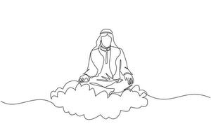 Single one line drawing office worker or businessman relaxes and meditates in lotus position on clouds. Cheerful Arabic man relaxing with yoga or meditation pose. Continuous line design graphic vector