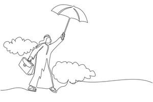 Single continuous line drawing happy wealthy Arab businessman flying with his umbrella holding briefcase. Office worker achieve financial independence. One line draw graphic design vector illustration