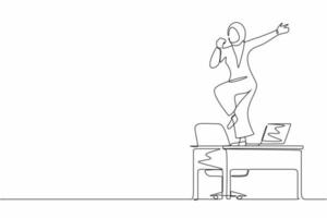 Single continuous line drawing happy office worker dancing on desk. Arabian businesswoman dancing while sitting at desk. Having fun at work. Work from home concept. One line draw graphic design vector