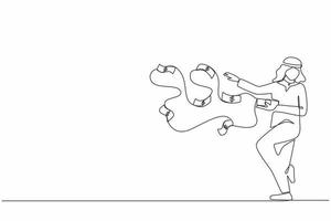 Single one line drawing happy Arabic businessman millionaire throw out pile of money banknotes flying into the air. Success and wealthy fortune entrepreneur. Continuous line draw design graphic vector