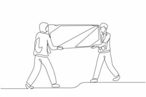 Continuous one line drawing male loaders carrying big mirror to new office. Two businessmen with furniture in building hall. Moving to new apartment, delivery concept. Single line draw design vector