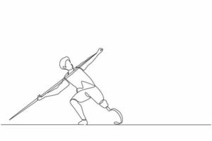 dibujo de una sola línea atleta discapacitado lanzando lanza con prótesis de pierna. deportista discapacitado con pie amputado. deporte de discapacidad, campeonato, juegos. vector gráfico de diseño de dibujo de línea continua