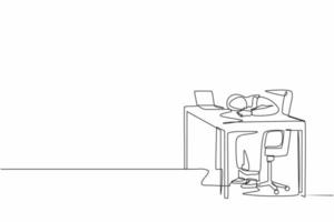 dibujo de una sola línea agotada, enferma, cansada, gerente árabe en la oficina, triste, aburrida, sentada con la cabeza hacia abajo en la computadora portátil. problemas de salud mental de los trabajadores frustrados. vector gráfico de diseño de línea continua