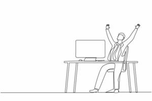 Continuous one line drawing happy businessman sitting with raised hands on the his workplace. Office worker celebrate success of company project. Single line draw design vector graphic illustration