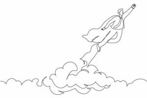 dibujo continuo de una línea superhéroe empresario volando hacia la nube. el súper trabajador con capa de túnica despega. poder, singularidad, idea de negocio de puesta en marcha. ilustración gráfica de vector de diseño de dibujo de una sola línea