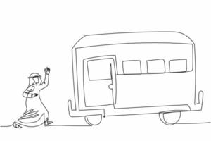 dibujo de una sola línea continua hombre de negocios árabe corriendo persiguiendo el tren. trabajador recién llegado corriendo a lo largo de la plataforma para llegar al tren. gerente masculino en la estación de tren. ilustración de vector de diseño de dibujo de una línea