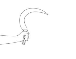 Single continuous line drawing hand holding farm sickle. Sickle agricultural hand tool for mowing grass or reaping crops, sketch engraving flat isolated. Dynamic one line draw graphic design vector