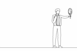 Continuous one line drawing businessman holding hand mirror. Male manager with hand mirror. Man looking at himself in mirror. Narcissism and reflection concept. Single line draw design vector graphic