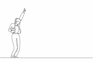 Single continuous line drawing happy businesswoman standing with raise one hand and the other hand pose yes. Office worker celebrate success of company project. One line draw graphic design vector