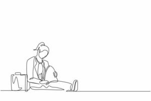 Continuous one line drawing depressed businesswoman with briefcase sitting in despair on the floor. Entrepreneur sad gesture expression. Professional burnout syndrome. Single line draw design vector