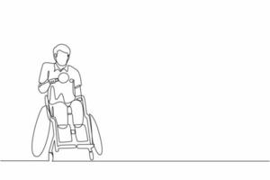 Single one line drawing disabled sportsman in wheelchair playing table tennis.  games championship. Hobbies, interests of people with disabilities. Continuous line draw design graphic vector