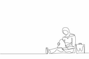 Single continuous line drawing depressed Arab businesswoman with briefcase sitting in despair on the floor. Entrepreneur sad gesture expression. Professional burnout syndrome. One line design vector