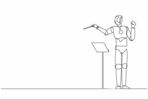 Single continuous line drawing expressive robot conductor directs music orchestra. Modern robotic artificial intelligence. Electronic technology industry. One line graphic design vector illustration