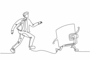 Single continuous line drawing businessman chasing wallet, trying to catch it, return his money. Financial crisis, ROI, return on investment business. One line draw graphic design vector illustration
