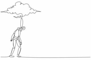 Single one line drawing robot walking under rain cloud. Loneliness in overcast weather. Future technology development. Artificial intelligence. Continuous line draw design graphic vector illustration