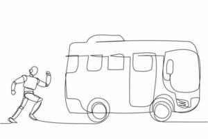 Single one line drawing robot run chasing bus. Tech system analysis in public transportation. Future technology development. Artificial intelligence. Continuous line graphic design vector illustration