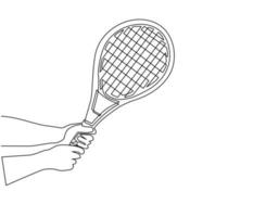 Single one line drawing player hand holding tennis racket. Sport equipment tennis racquets. Sporting goods for championship. Outdoors summer activity. Modern continuous line draw design graphic vector