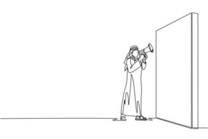 Single continuous line drawing Arabian businessman holding megaphone standing in front of wall. Man shouts on megaphone. Leader announces career promotions. One line draw design vector illustration