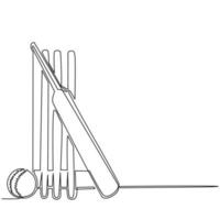 Continuous one line drawing cricket bat, ball, and wicket stumps isolated on white. Set equipment for cricket game. Competitive and challenging team sport. Single line draw design vector illustration