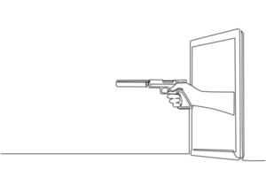 Single one line drawing hand holding pistol with silencer through mobile phone. Concept of mafia video games, e-sport, entertainment application for smartphones. Continuous line draw design vector