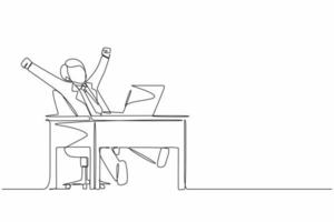 Continuous one line drawing happy businessman sitting in chair at desk using laptop celebrating win with hands raised. Celebrating win, positive emotion concept. Single line draw design vector graphic