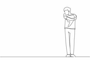 Single continuous line drawing man hugging himself with positive emotion. Happy smiling guy hugging himself with sensuality and love. Charismatic male cuddling oneself. One line graphic design vector