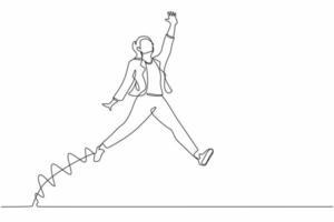 Single one line drawing happy businesswoman jumping with spreads both legs and raises one hand. Saleswoman celebrates salary increase from company. Continuous line design graphic vector illustration